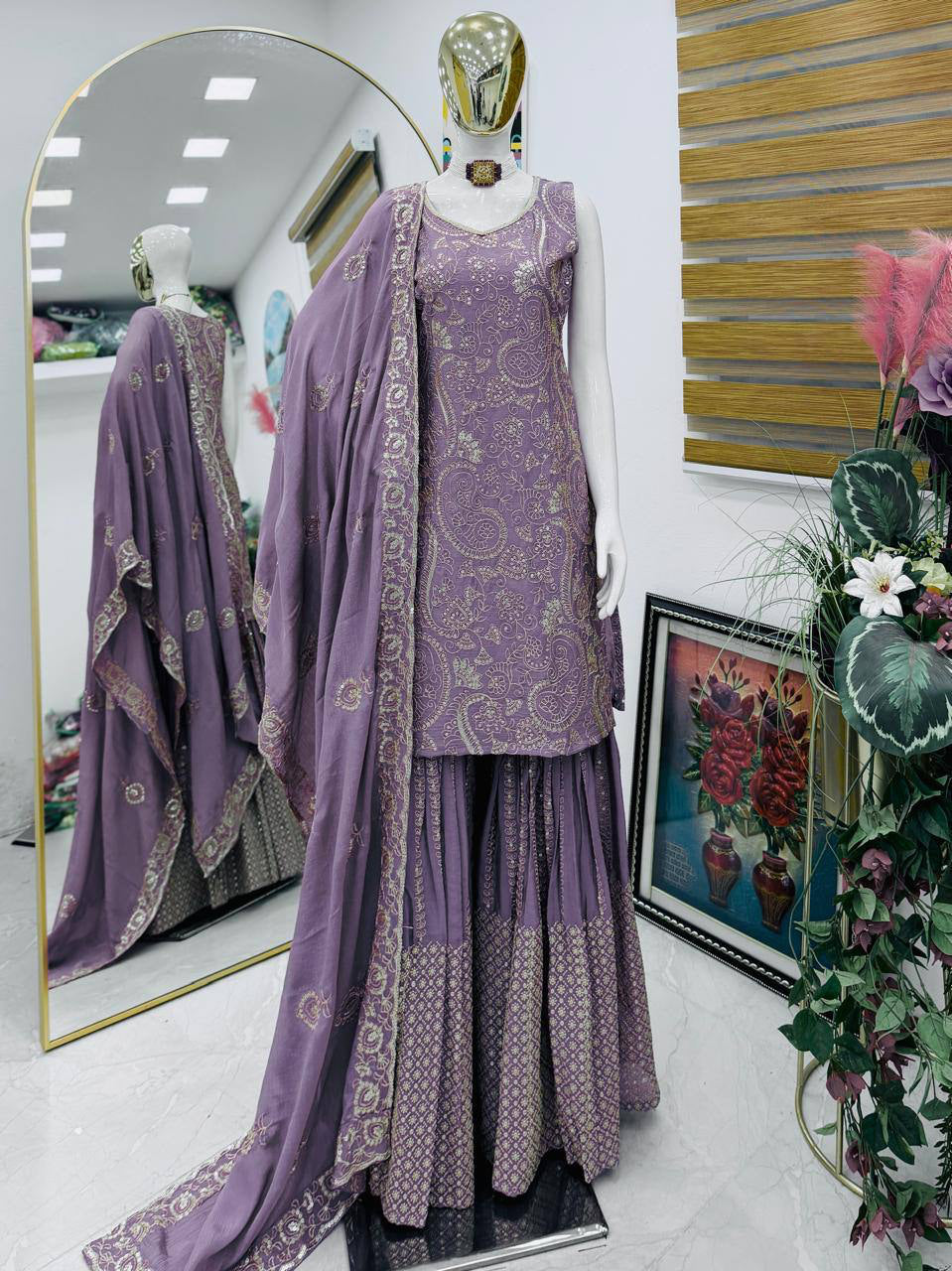 Mauve Embroidered Sharara Suit with Dupatta | Designer Festive & Wedding Party Wear Ethnic Set for Women