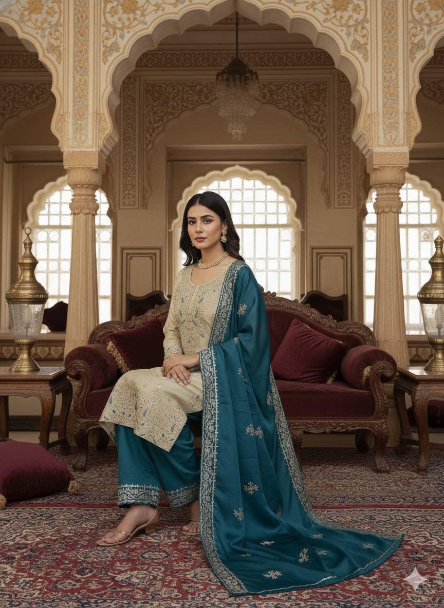 Beige Embroidered Kurta Set with Teal Dupatta & Palazzo | Luxury Festive Ethnic Suit for Women