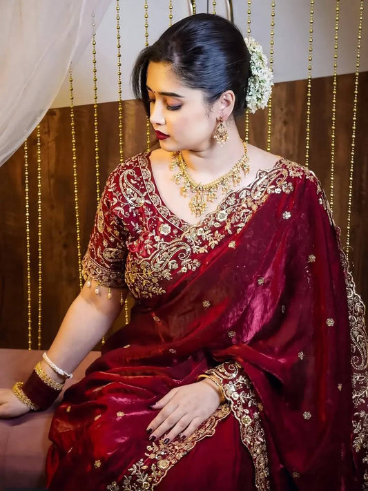 Maroon Embroidered Party Wear Saree for Women with Stitched Blouse | Designer Wedding & Festive Saree