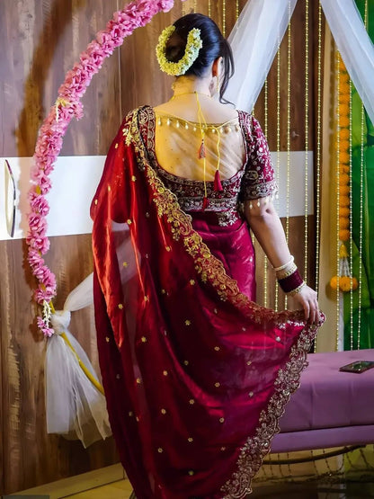 Maroon Embroidered Party Wear Saree for Women with Stitched Blouse | Designer Wedding & Festive Saree