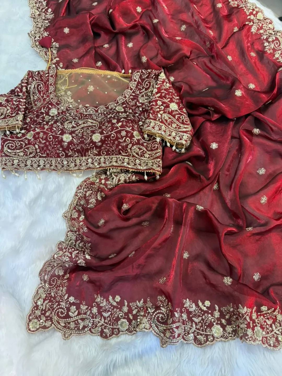 Maroon Embroidered Party Wear Saree for Women with Stitched Blouse | Designer Wedding & Festive Saree