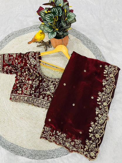 Maroon Embroidered Party Wear Saree for Women with Stitched Blouse | Designer Wedding & Festive Saree