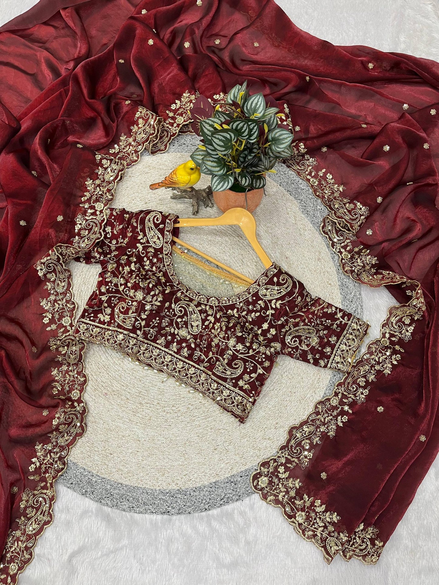Maroon Embroidered Party Wear Saree for Women with Stitched Blouse | Designer Wedding & Festive Saree