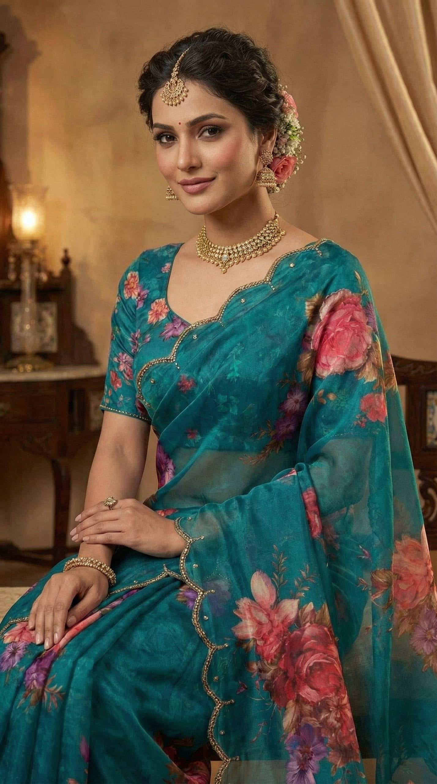 Floral Printed Georgette Saree with Scalloped Border | Elegant Designer Party Wear Saree for Women