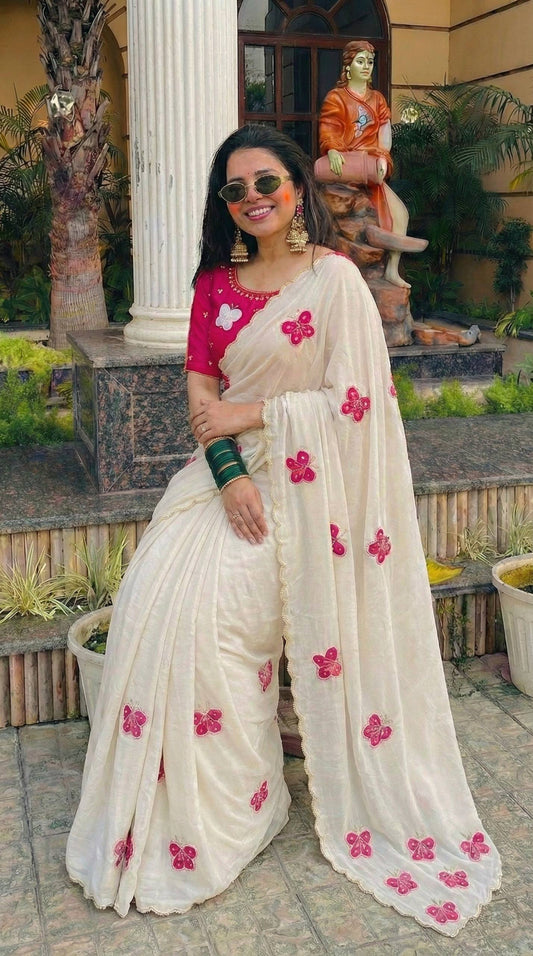 Ivory Butterfly Embroidered Georgette Saree with Stitched Pink Blouse | Elegant Festive & Party Wear Saree for Women