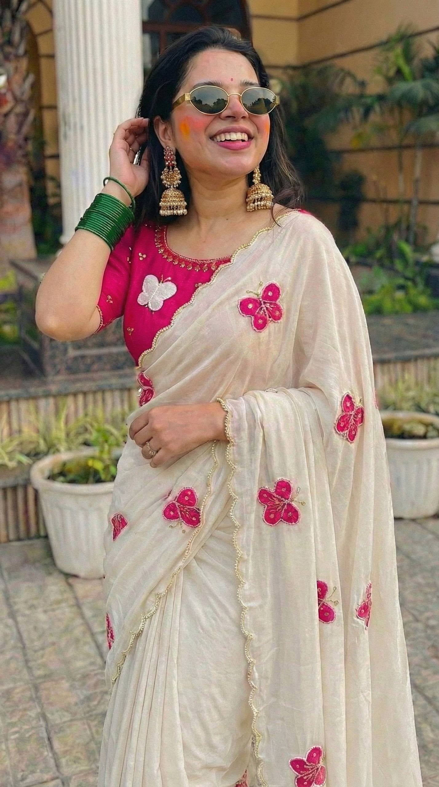 Ivory Butterfly Embroidered Georgette Saree with Stitched Pink Blouse | Elegant Festive & Party Wear Saree for Women