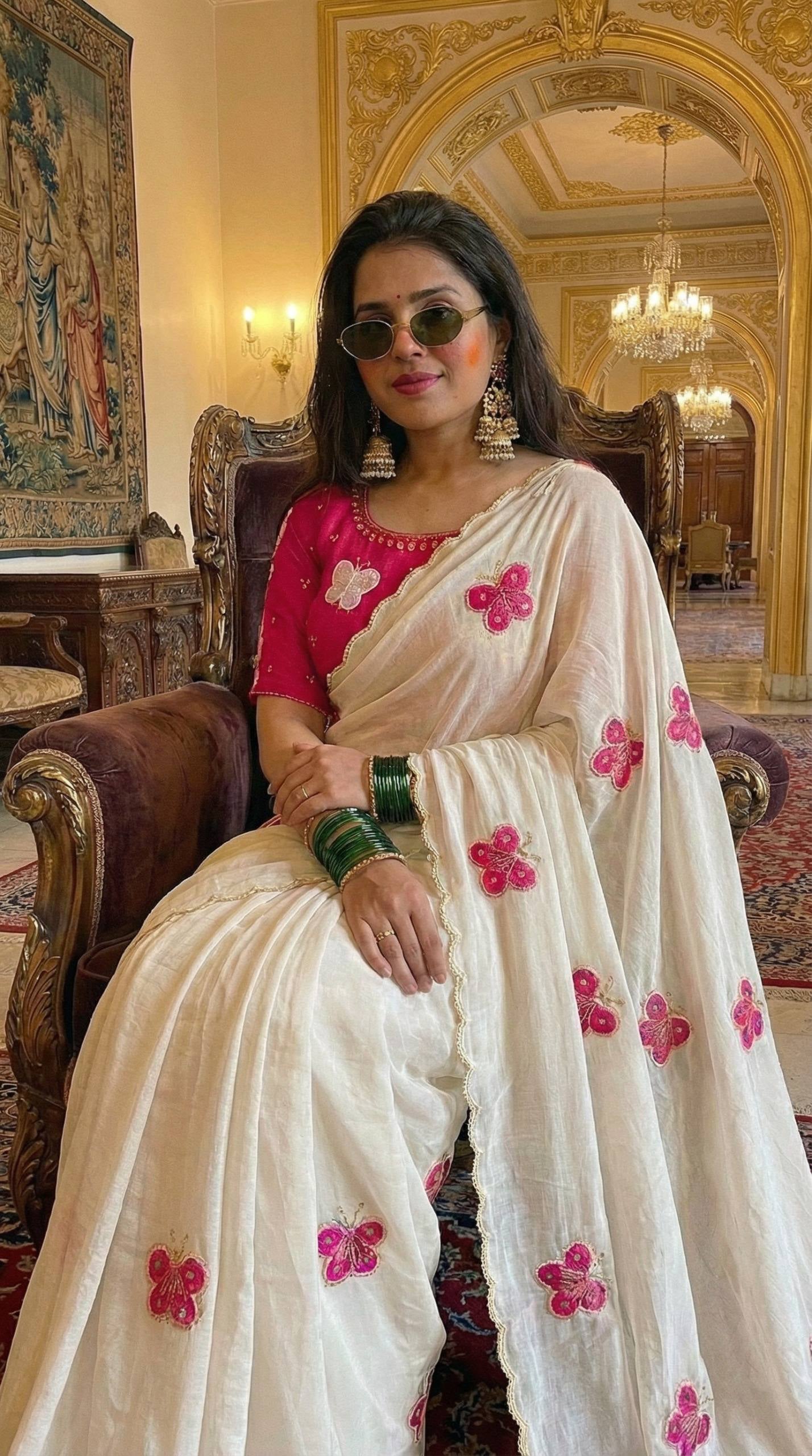 Ivory Butterfly Embroidered Georgette Saree with Stitched Pink Blouse | Elegant Festive & Party Wear Saree for Women