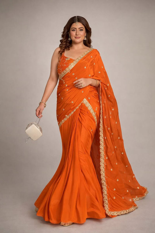 Orange Embroidered Party Wear Saree for Women | Elegant Designer Wedding & Festive Saree