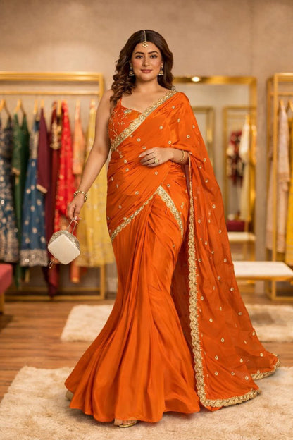 Orange Embroidered Party Wear Saree for Women | Elegant Designer Wedding & Festive Saree