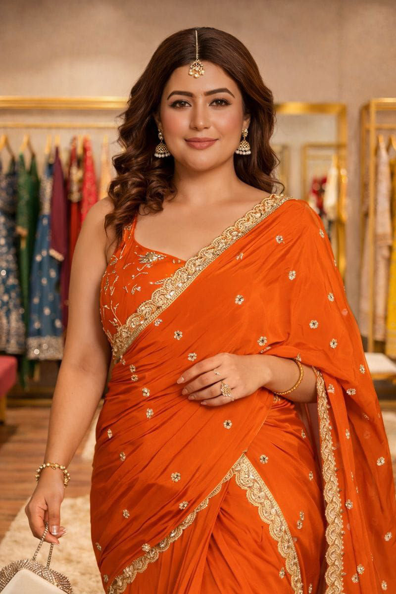 Orange Embroidered Party Wear Saree for Women | Elegant Designer Wedding & Festive Saree