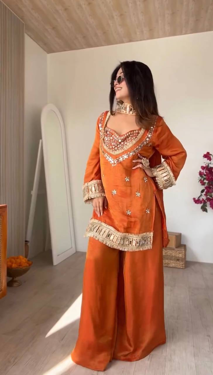 Orange Embroidered Kurta Palazzo Set for Women | Festive Ethnic Suit with Mirror Work & Handcrafted Neckline