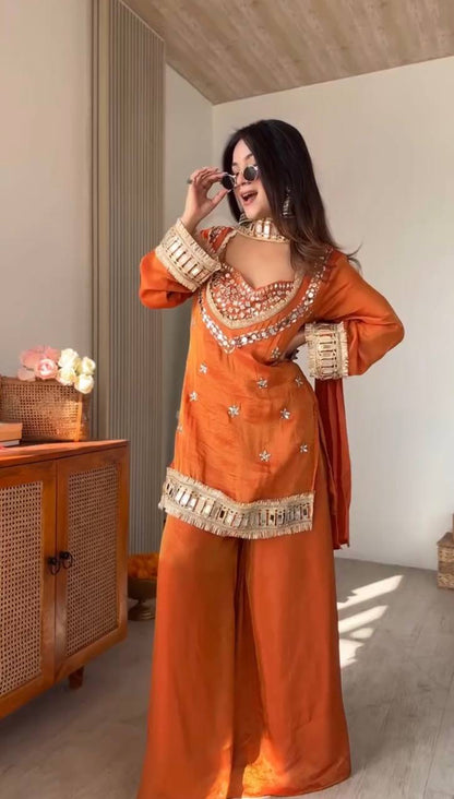 Orange Embroidered Kurta Palazzo Set for Women | Festive Ethnic Suit with Mirror Work & Handcrafted Neckline