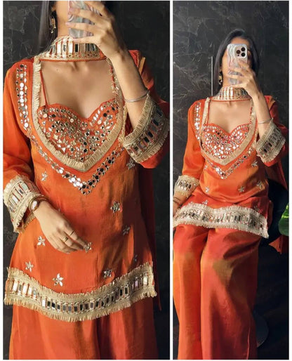 Orange Embroidered Kurta Palazzo Set for Women | Festive Ethnic Suit with Mirror Work & Handcrafted Neckline