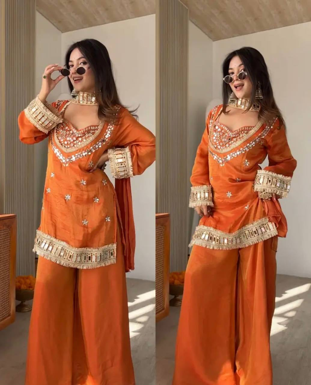 Orange Embroidered Kurta Palazzo Set for Women | Festive Ethnic Suit with Mirror Work & Handcrafted Neckline