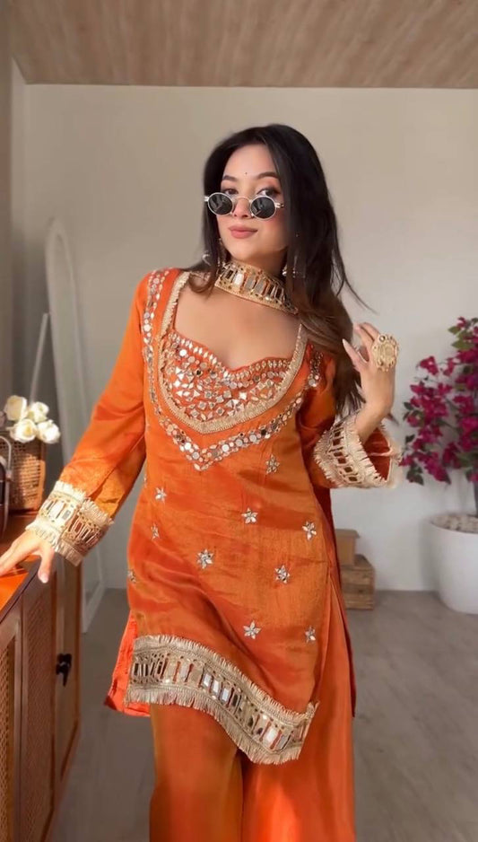 Orange Embroidered Kurta Palazzo Set for Women | Festive Ethnic Suit with Mirror Work & Handcrafted Neckline
