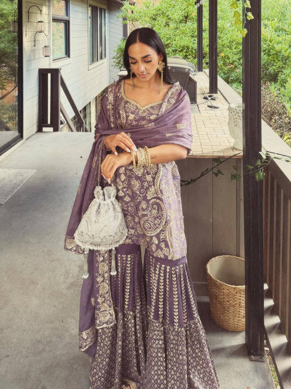 Mauve Embroidered Sharara Suit with Dupatta | Designer Festive & Wedding Party Wear Ethnic Set for Women