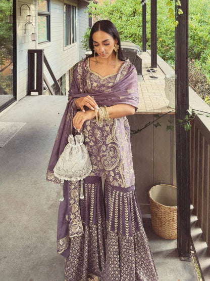 Mauve Embroidered Sharara Suit with Dupatta | Designer Festive & Wedding Party Wear Ethnic Set for Women