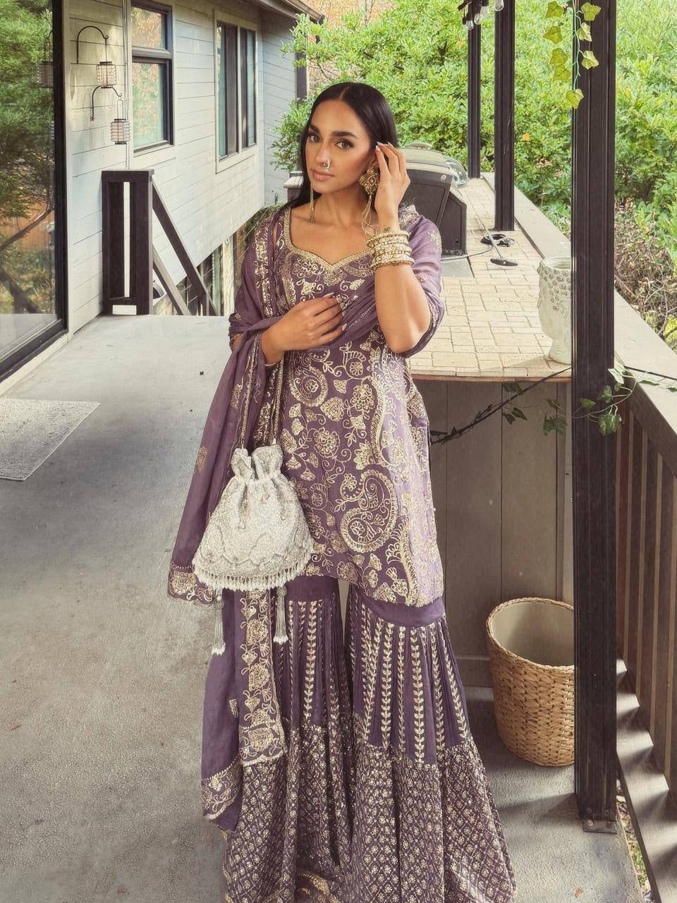 Mauve Embroidered Sharara Suit with Dupatta | Designer Festive & Wedding Party Wear Ethnic Set for Women