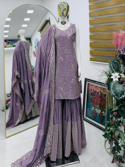 Mauve Embroidered Sharara Suit with Dupatta | Designer Festive & Wedding Party Wear Ethnic Set for Women