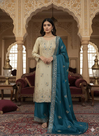Beige Embroidered Kurta Set with Teal Dupatta & Palazzo | Luxury Festive Ethnic Suit for Women