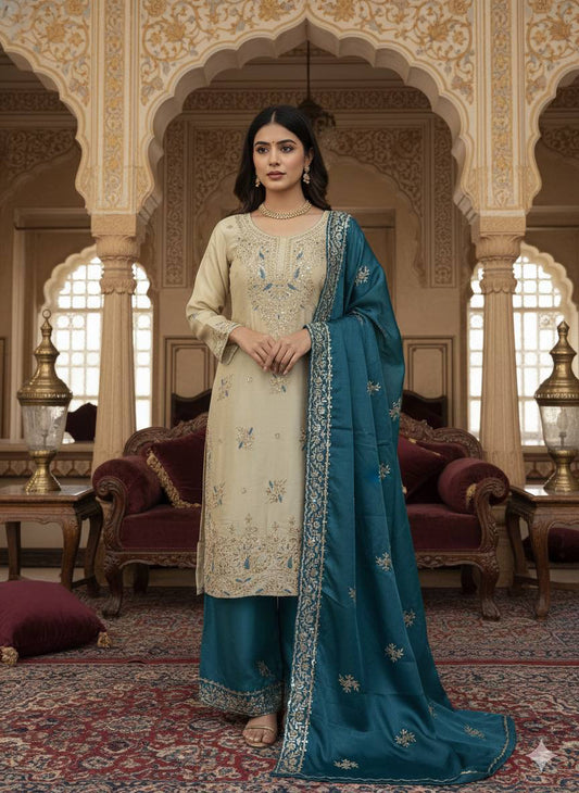 Beige Embroidered Kurta Set with Teal Dupatta & Palazzo | Luxury Festive Ethnic Suit for Women