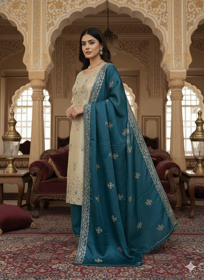Beige Embroidered Kurta Set with Teal Dupatta & Palazzo | Luxury Festive Ethnic Suit for Women